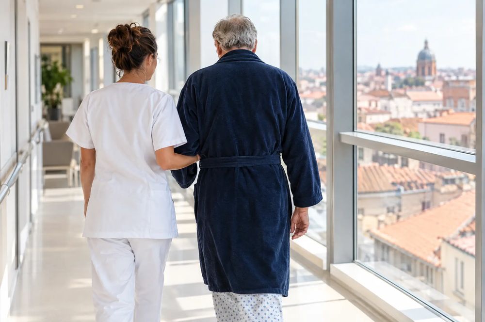 Patient qui marche dans un couloir d'hôpital accompagné d'une infirmière