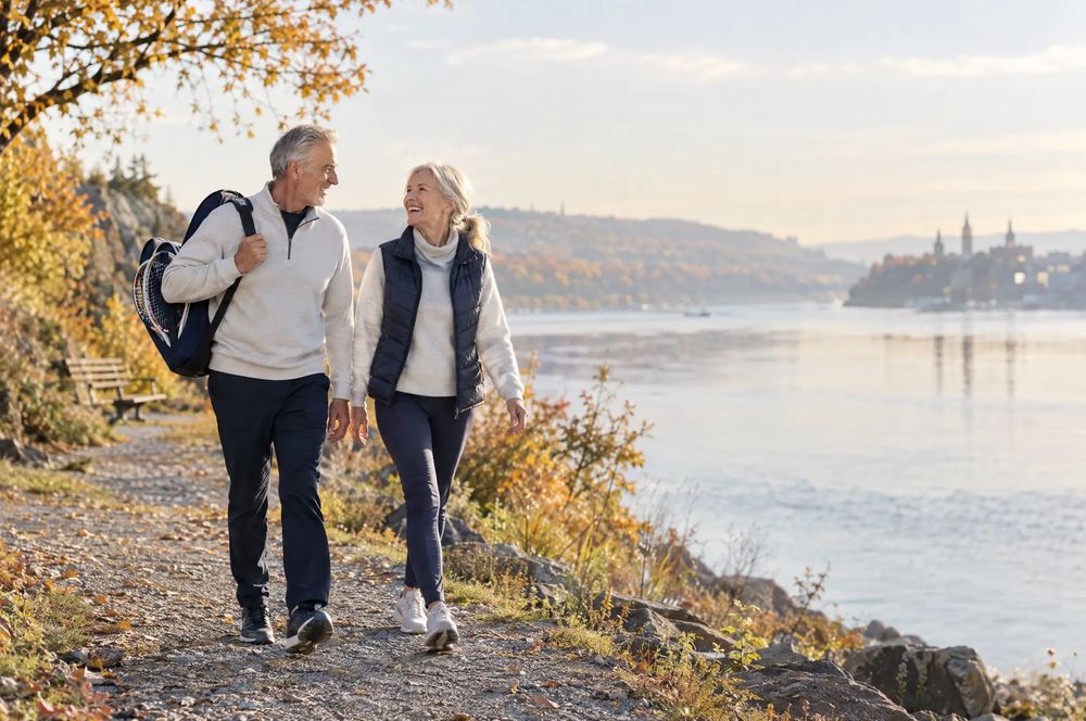 Couple de 67 ans qui marche d'un bon pas le long du fleuve en automne