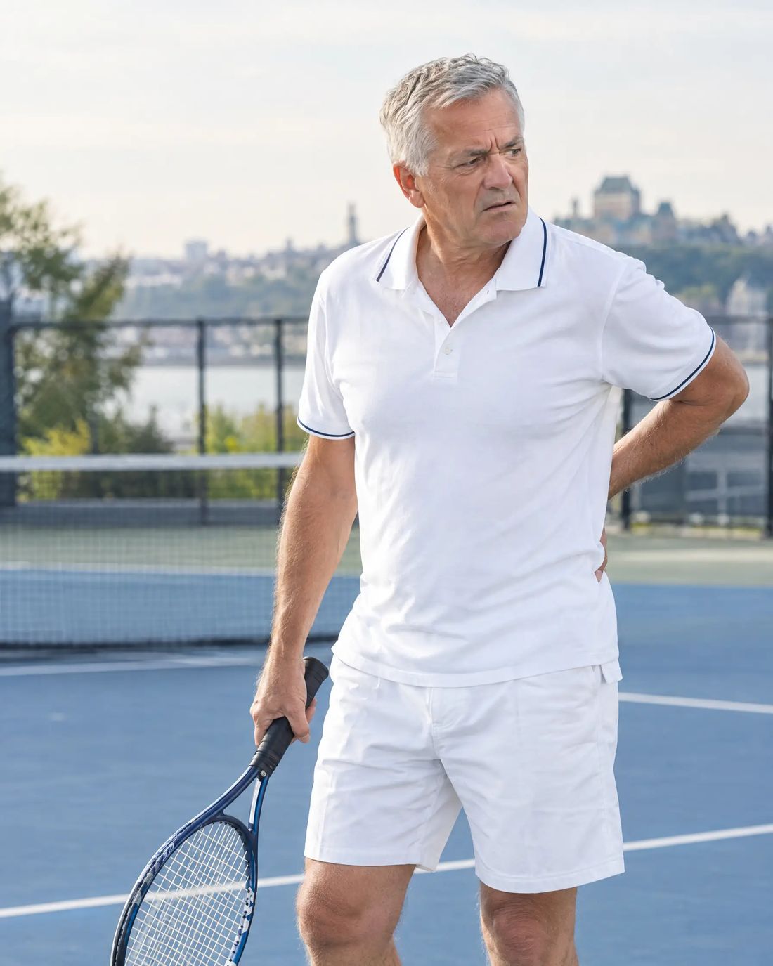 Homme de 68 ans arrêté sur un terrain de tennis, la main sur le bas du dos