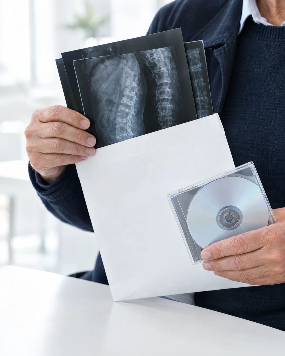 Main tenant une enveloppe de radiologie et un CD d'imagerie médicale