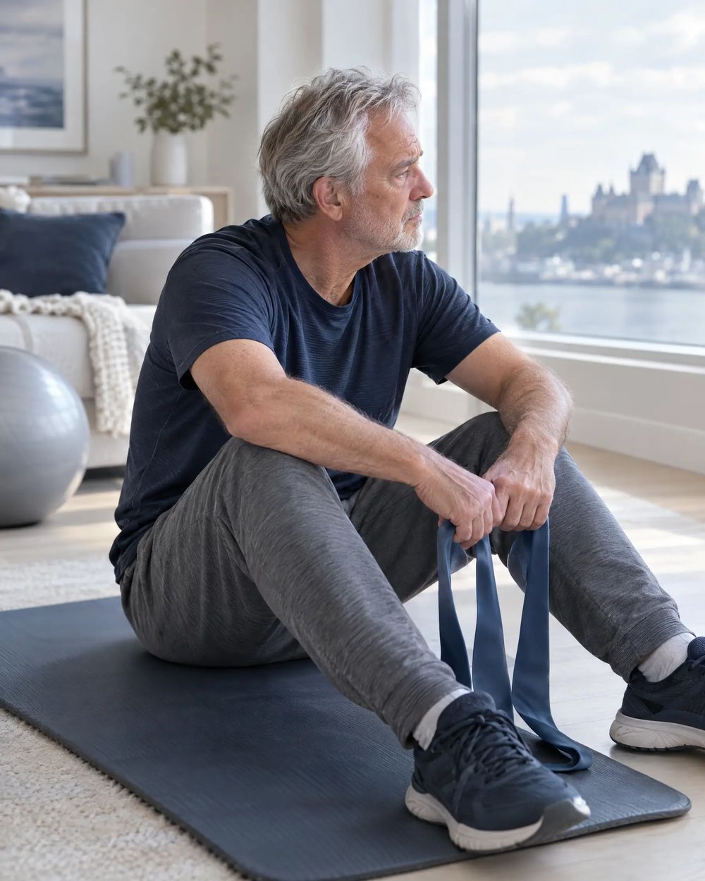 Homme découragé qui arrête ses exercices de physiothérapie