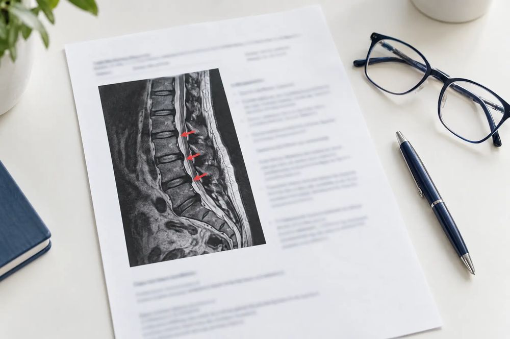 Rapport médical imprimé avec une IRM de la colonne annotée de flèches rouges