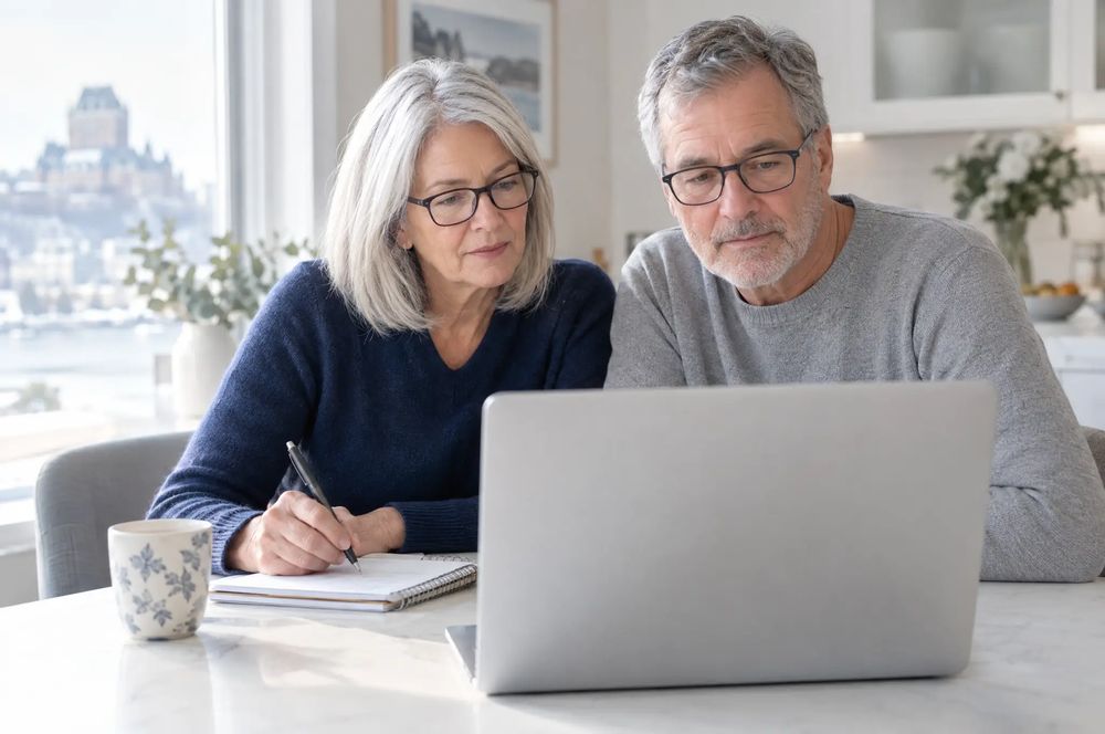 Couple de 66 ans en consultation vidéo à la table de cuisine